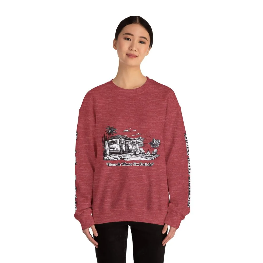 Unisex Heavy Blend™ Crewneck Sweatshirt — "Home Is Where You Park It" Design Minimal-Line