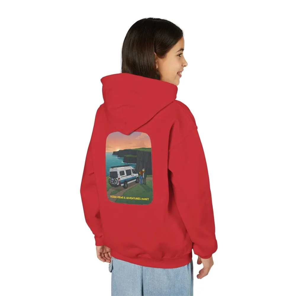 Youth Hoodie(Gildan) – "Ocean Views-Adventures Awaits" (Design Sitcom-Line)