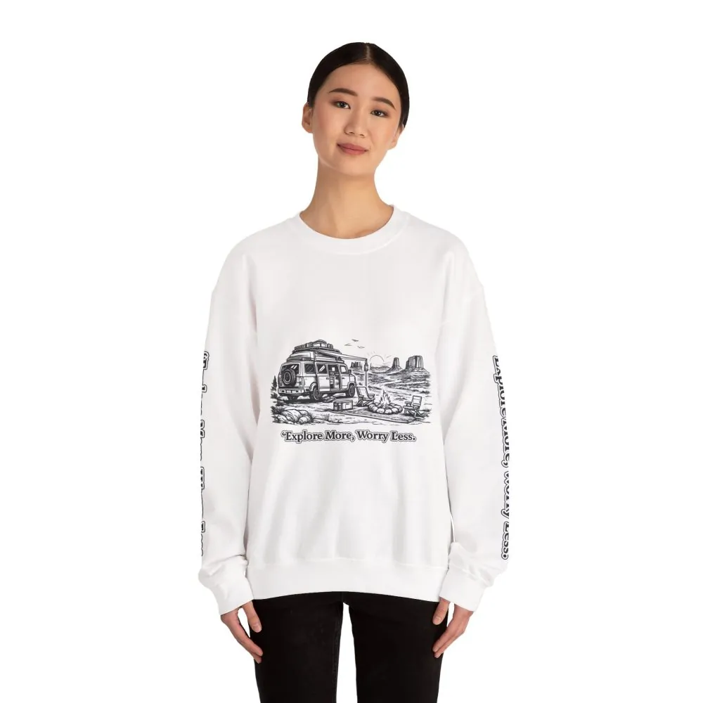 Unisex Heavy Blend™ Crewneck Sweatshirt — "Explore More Worry Less" Design Minimal-Line