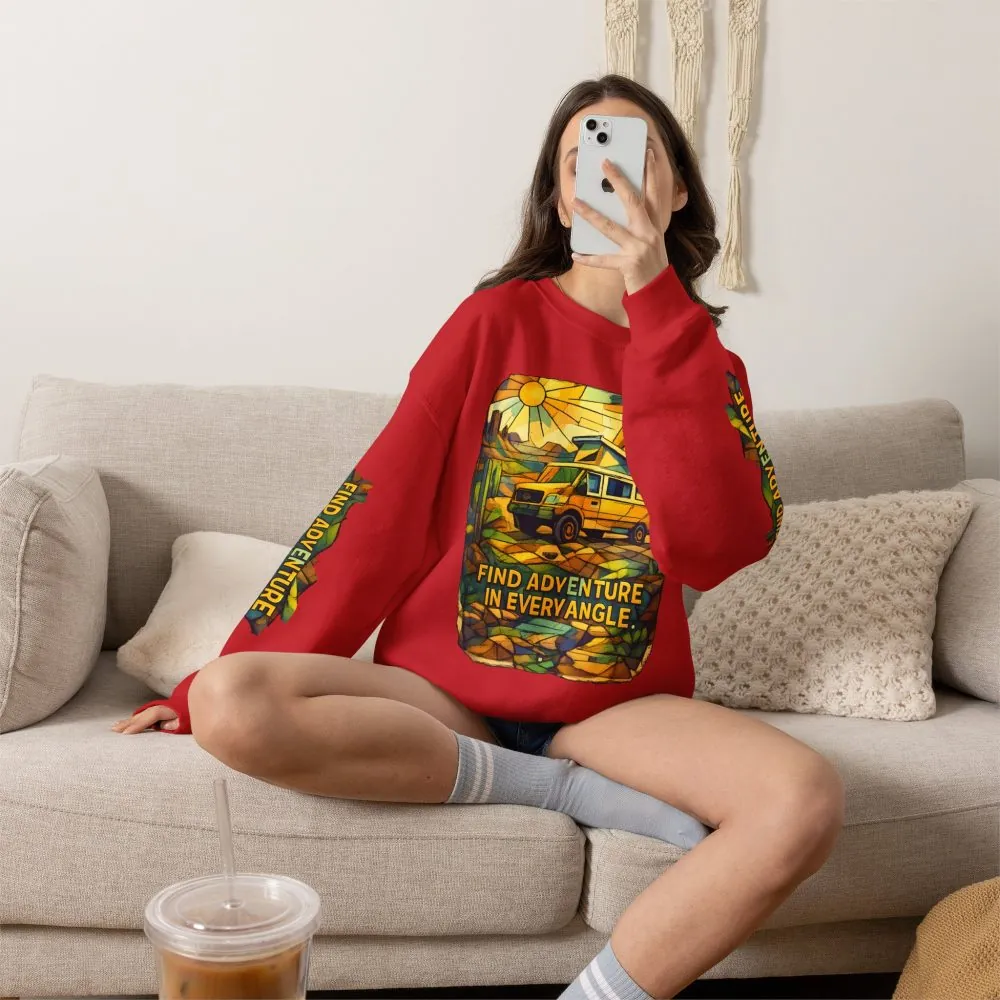 Unisex Heavy Blend™ Crewneck Sweatshirt — "Find Adventure In Every Corner" Design Cubic-Line