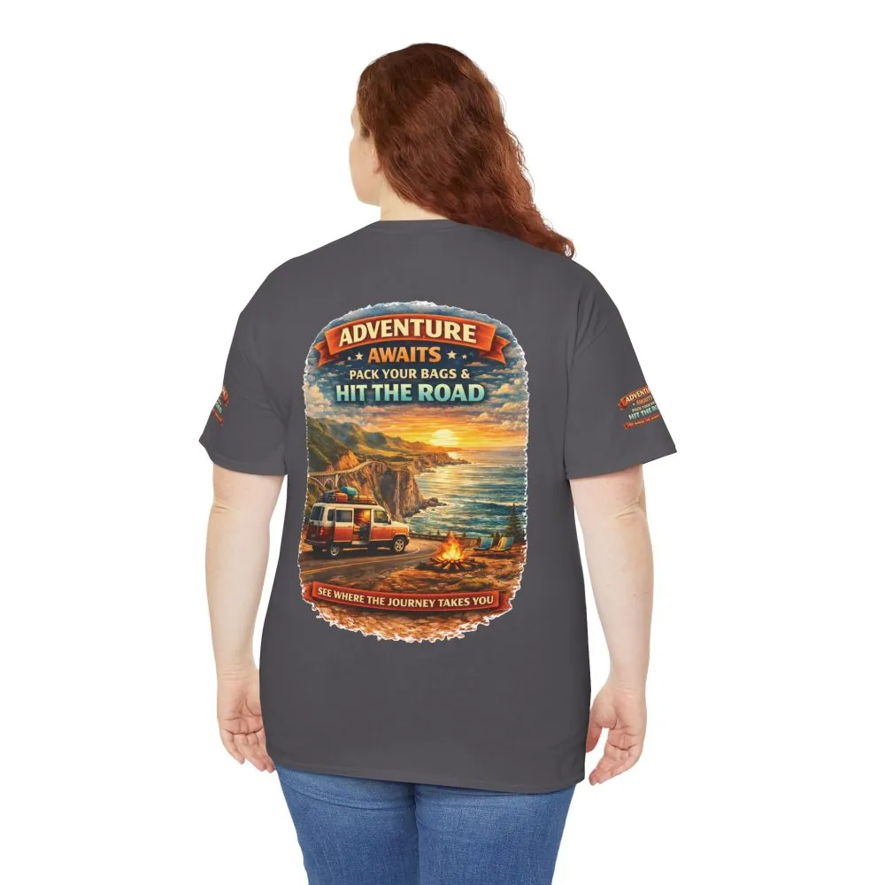 Unisex Heavy Cotton Tee — "Adventure Awaits-Pack Your Bags" Design Scenic-Line