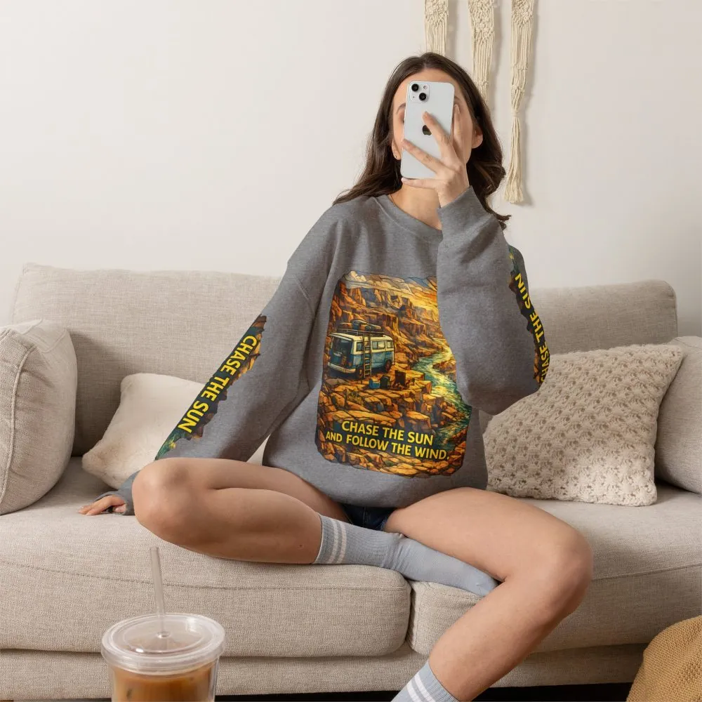 Unisex Heavy Blend™ Crewneck Sweatshirt — "Chase The Sun And Follow The Wind" Design Cubic-Line