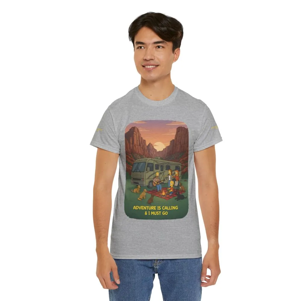 Unisex Heavy Cotton Tee — "Adventure Is Calling-I Must Go" Design Sitcom-Line