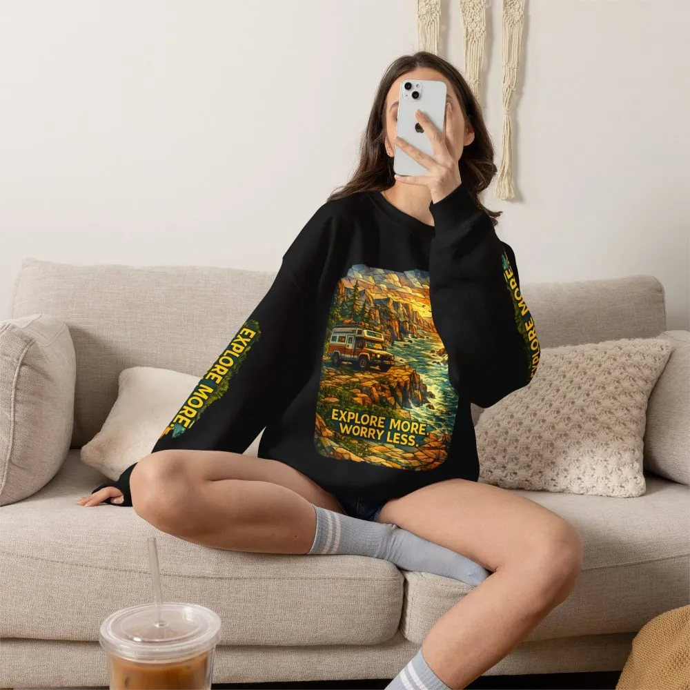 Unisex Heavy Blend™ Crewneck Sweatshirt — "Explore More Worry Less" Design Cubic-Line
