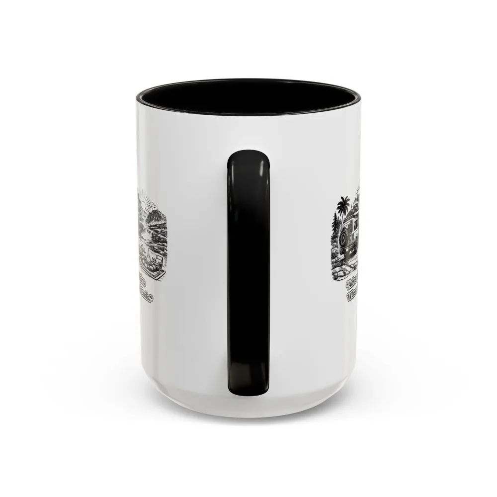 Accent Coffee Mug (11, 15oz) — "Adventure Begins Where The Road Ends" Design Minimal-Line