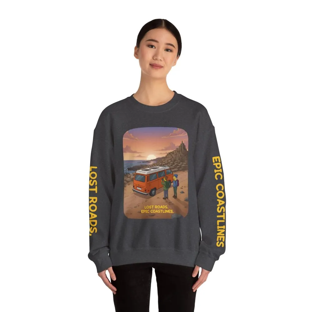 Unisex Heavy Blend™ Crewneck Sweatshirt — "Lost Roads Epic Coastlines" Design Sitcom-Line