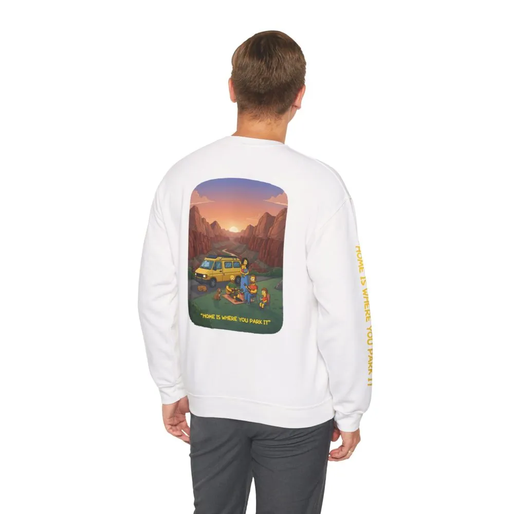 Unisex Heavy Blend™ Crewneck Sweatshirt — "Home Is Where You Park It" Design Sitcom-Line