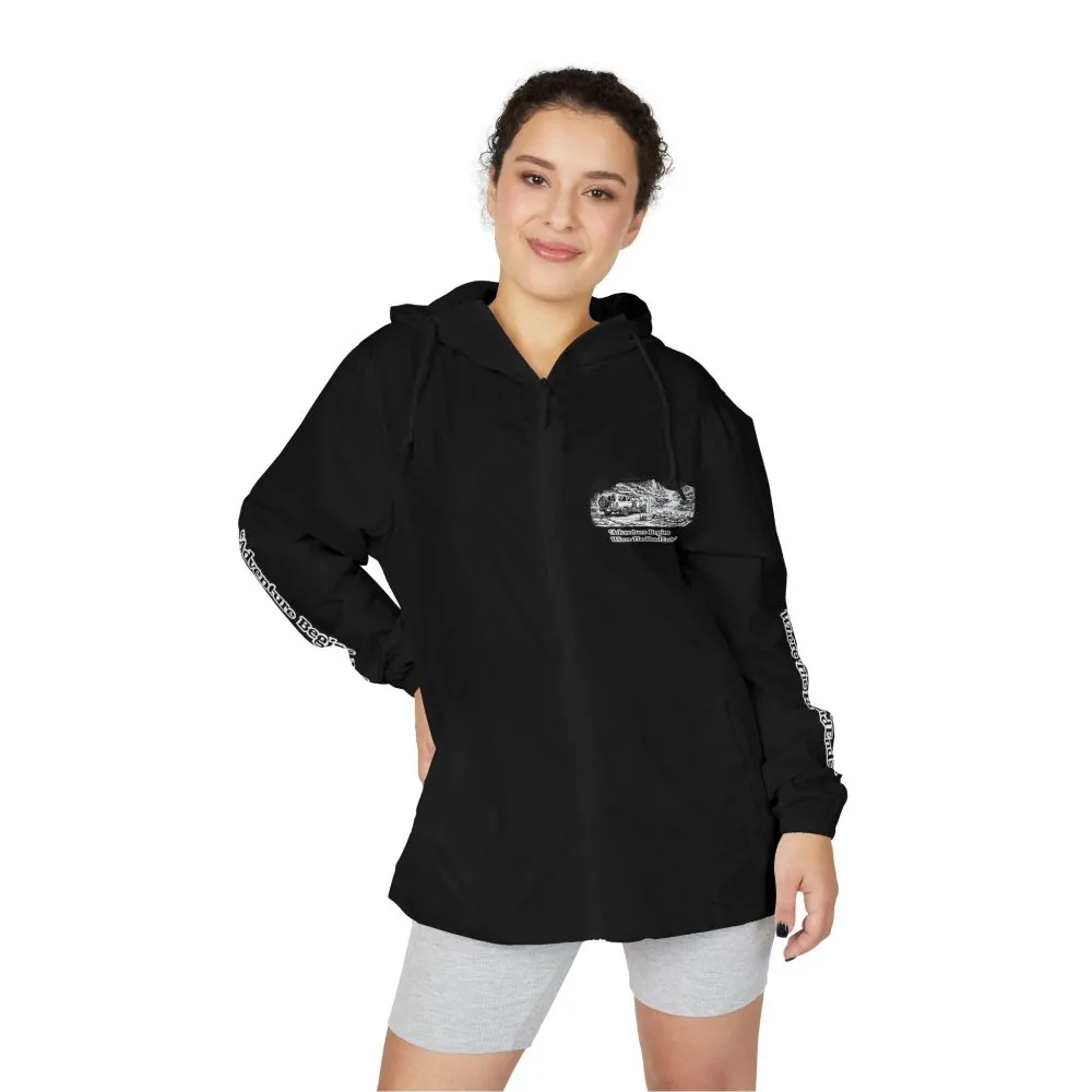 Unisex Full-Zip Windbreaker Jacket — "Adventure Begins Where Roads End" (Design "Minimal-Line")
