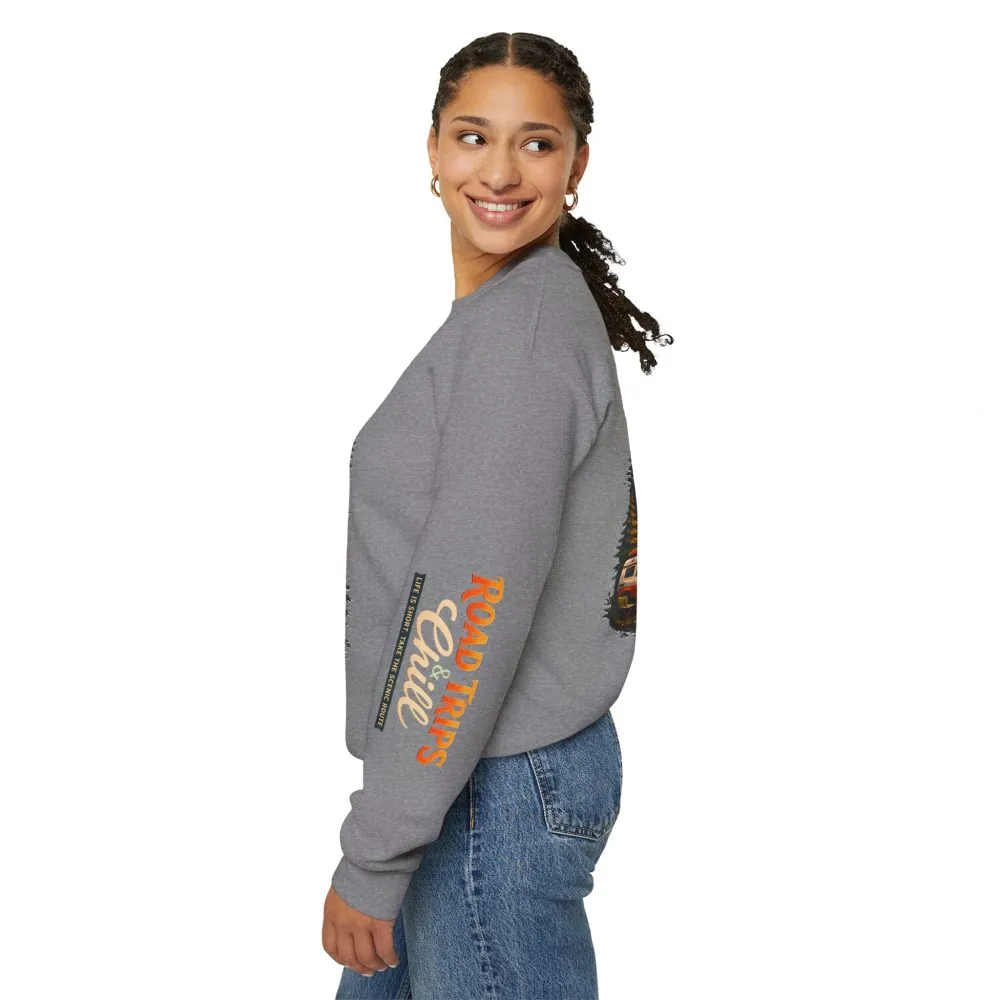 Unisex Heavy Blend™ Crewneck Sweatshirt — "Road Trips & Chill" Design Scenic-Line