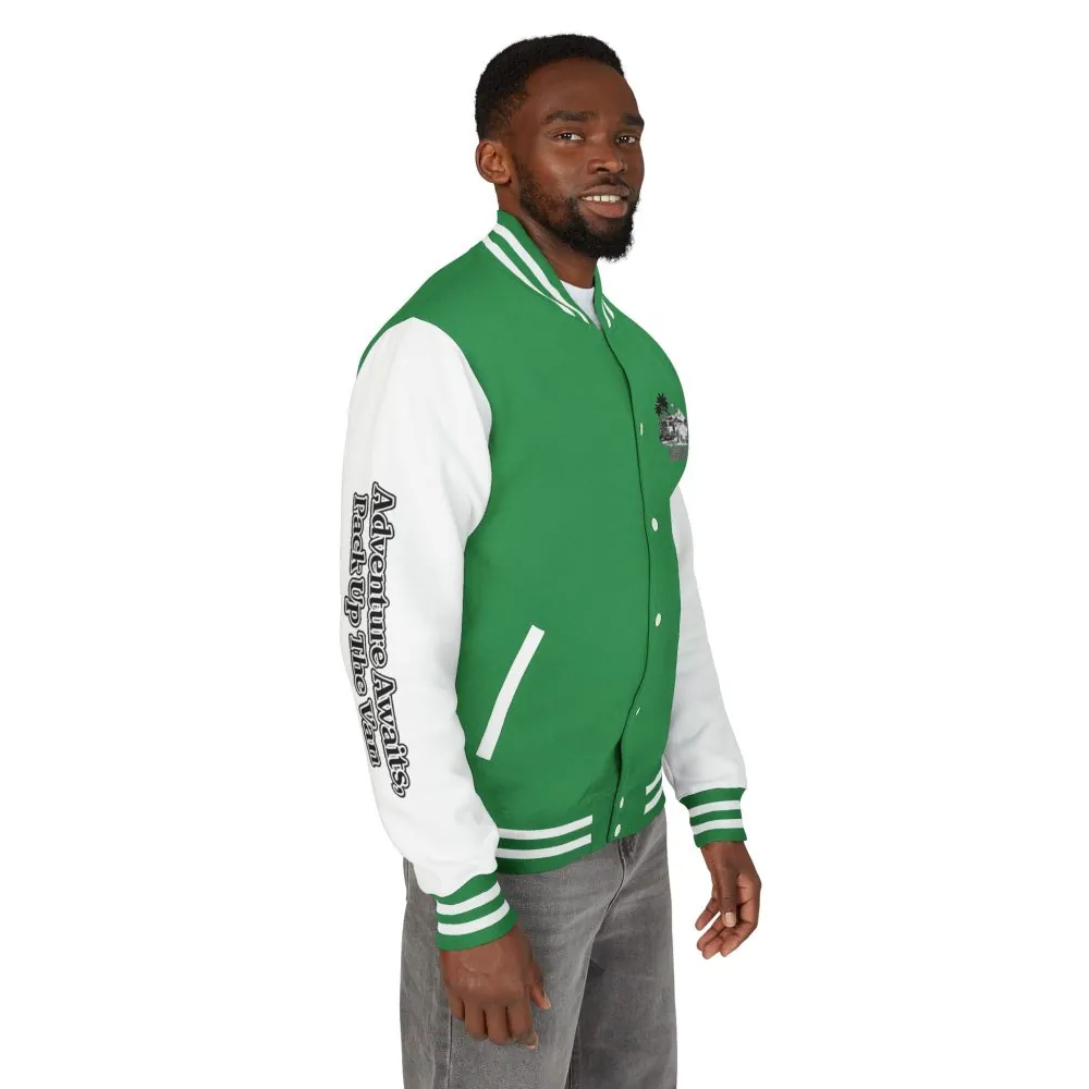 Unisex Heavyweight Letterman Jacket — "Adventure Awaits,Pack Up The Van" Travel Varsity Coat