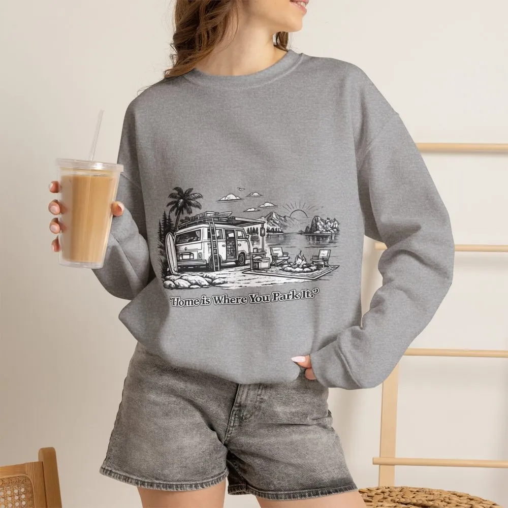 Unisex Heavy Blend™ Crewneck Sweatshirt — "Home Is Where You Park It" Design Minimal-Line