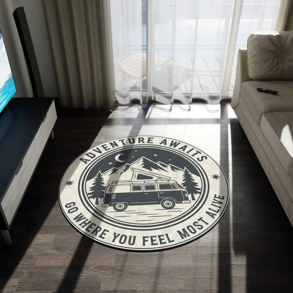 Round Rug - 'Adventure Awaits: Go Where You Feel Most Alive' Camper Van Mountain Travel Mat