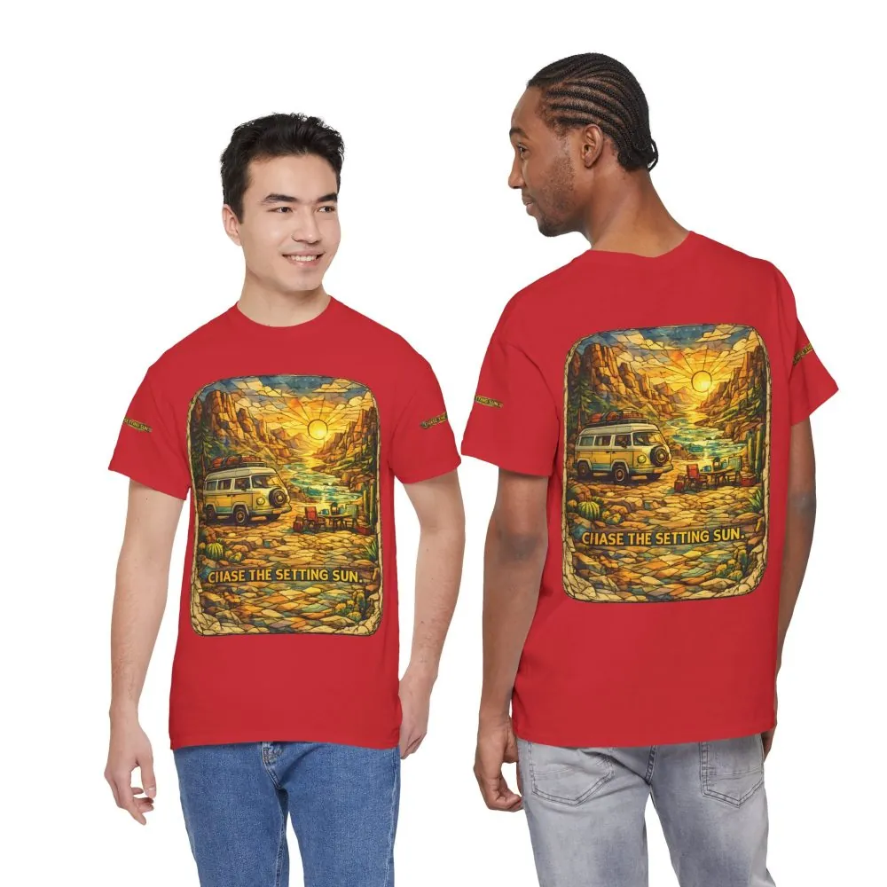 Unisex Heavy Cotton Tee — "Chase The Settings Sun" Design Cubic-Line