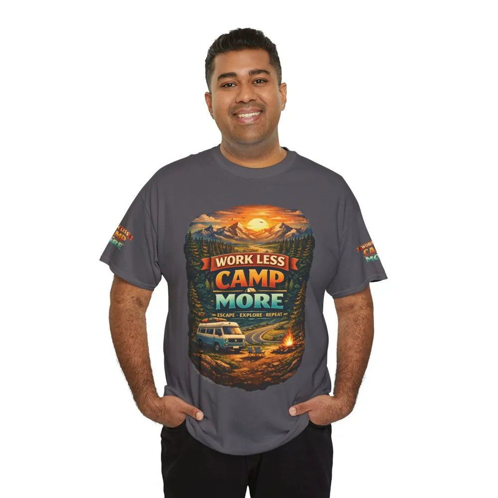 Unisex Heavy Cotton Tee — "Work Less Camp More" Design Scenic-Line