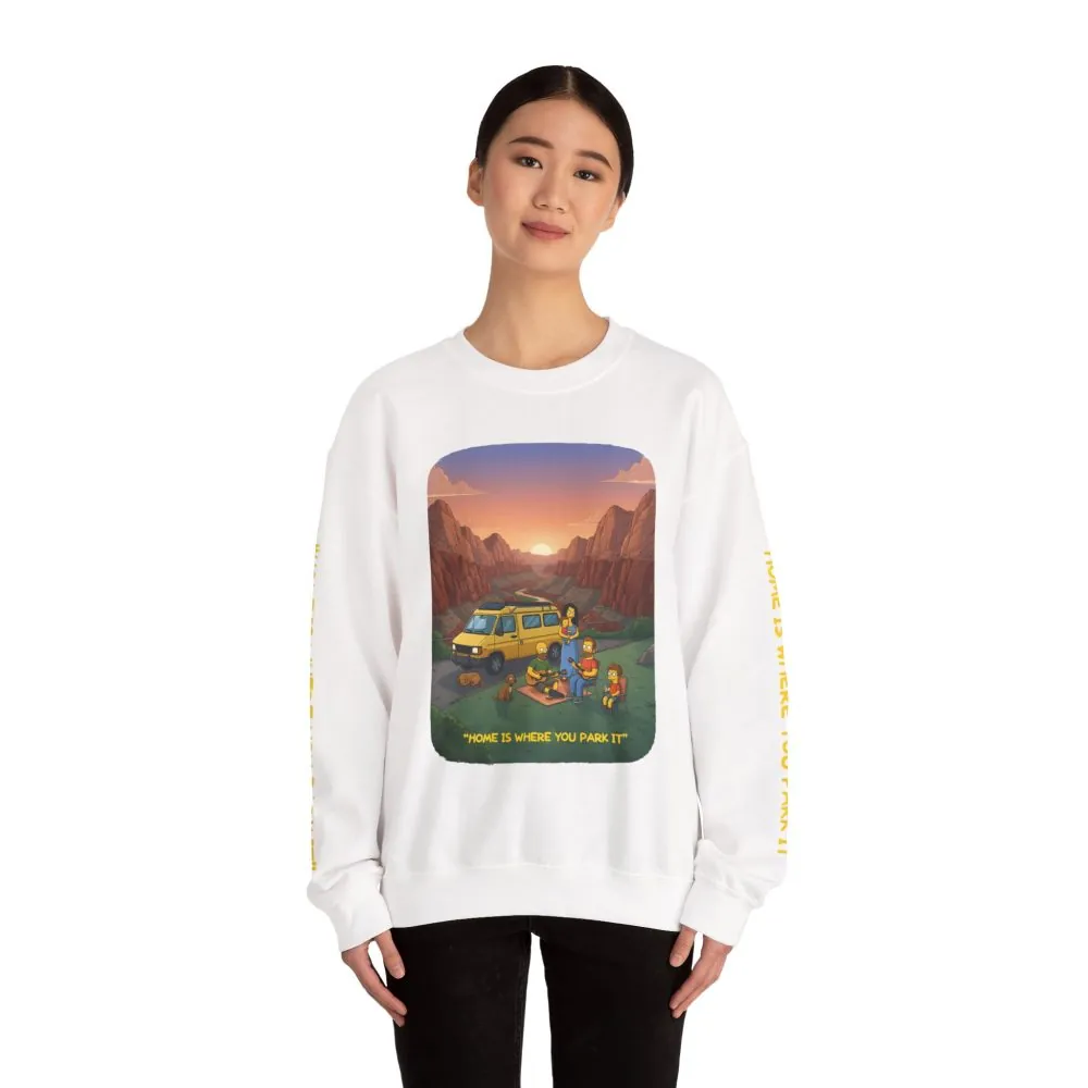 Unisex Heavy Blend™ Crewneck Sweatshirt — "Home Is Where You Park It" Design Sitcom-Line