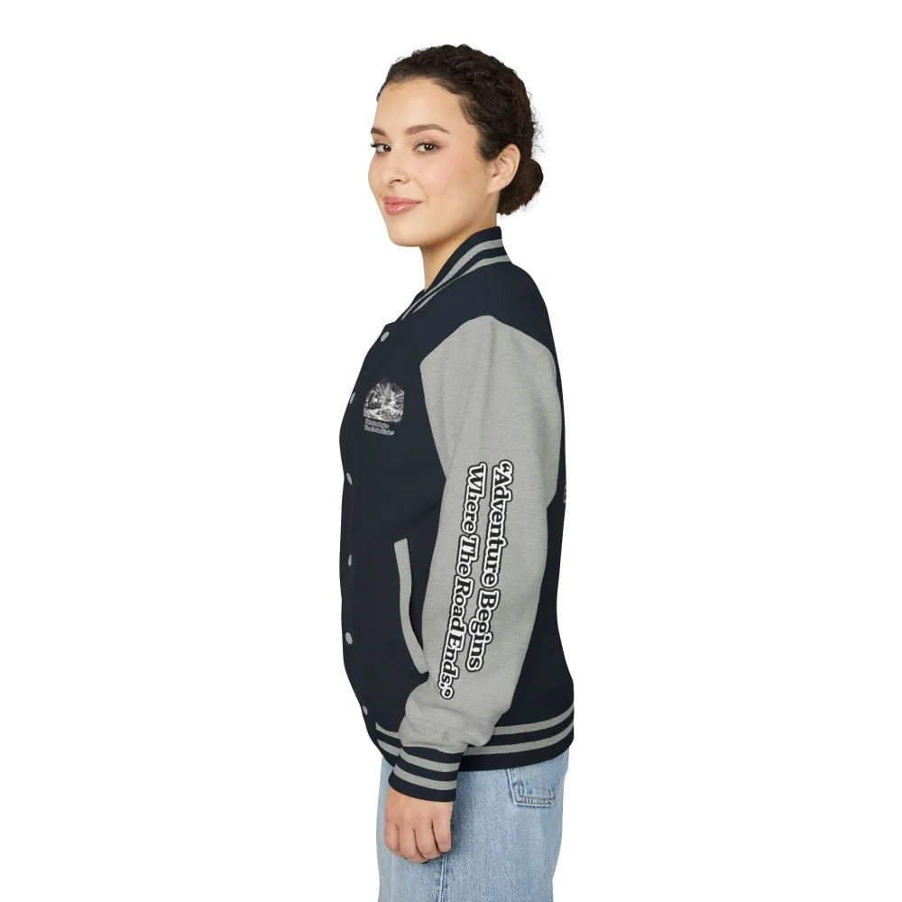 Unisex Heavyweight Letterman Jacket — "Adventure Begins Where The Road Ends" Travel Varsity Coat