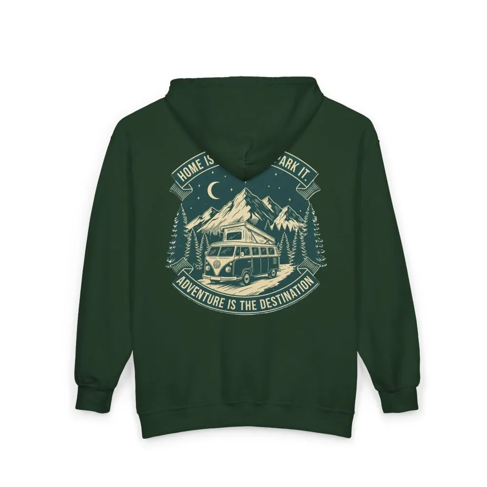 6418819984177071205_2048.jpeg Zip Hoodie — "Home Is Where You Park It-Adventure is the destination"(Front + Back Printed) Camper Van Adventure Zip-Up