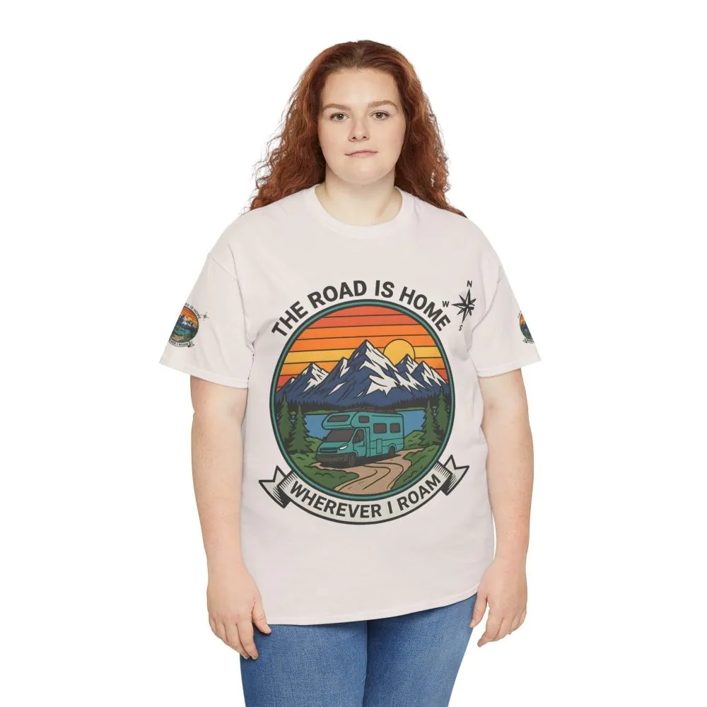 Unisex Heavy Cotton Tee  — 'The Road Is Home, Wherever I Roam' Retro Camper Tee