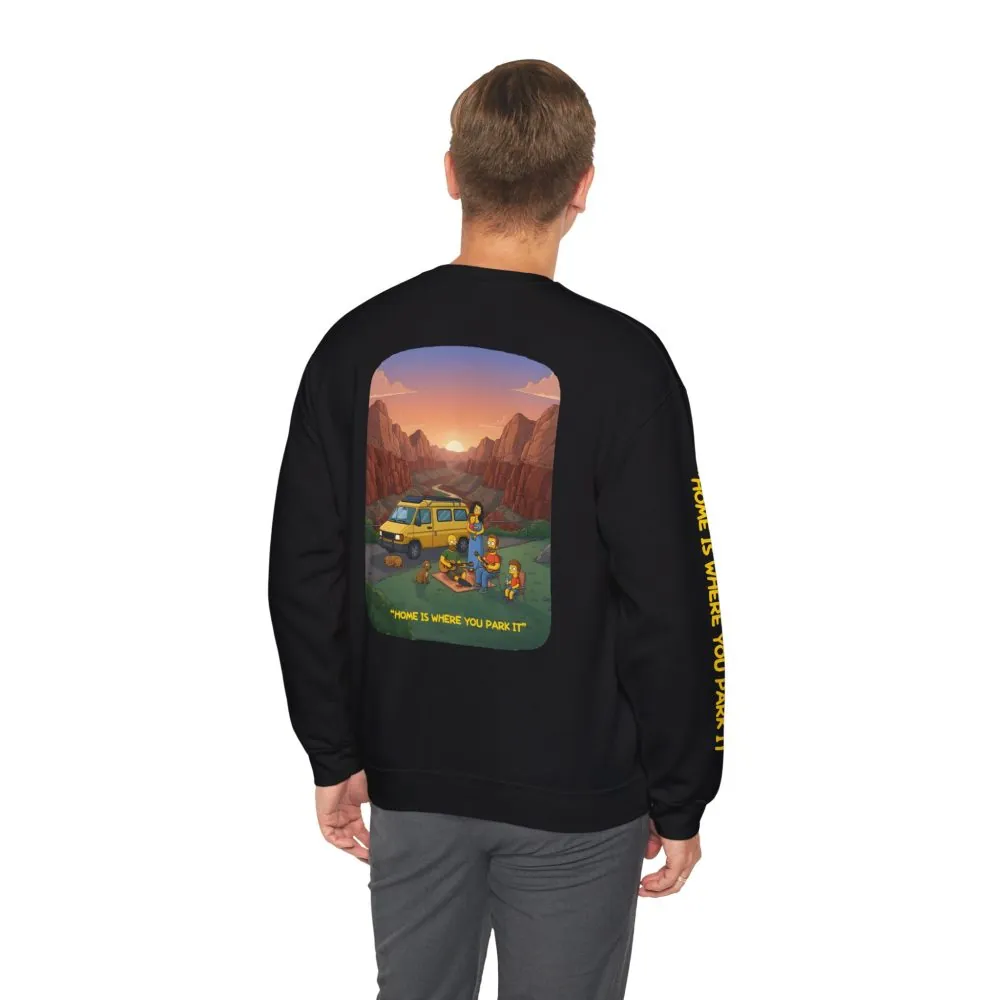 Unisex Heavy Blend™ Crewneck Sweatshirt — "Home Is Where You Park It" Design Sitcom-Line