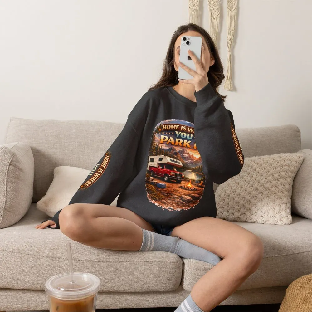 Unisex Heavy Blend™ Crewneck Sweatshirt — "Home Is Where You Park It" Design Scenic-Line