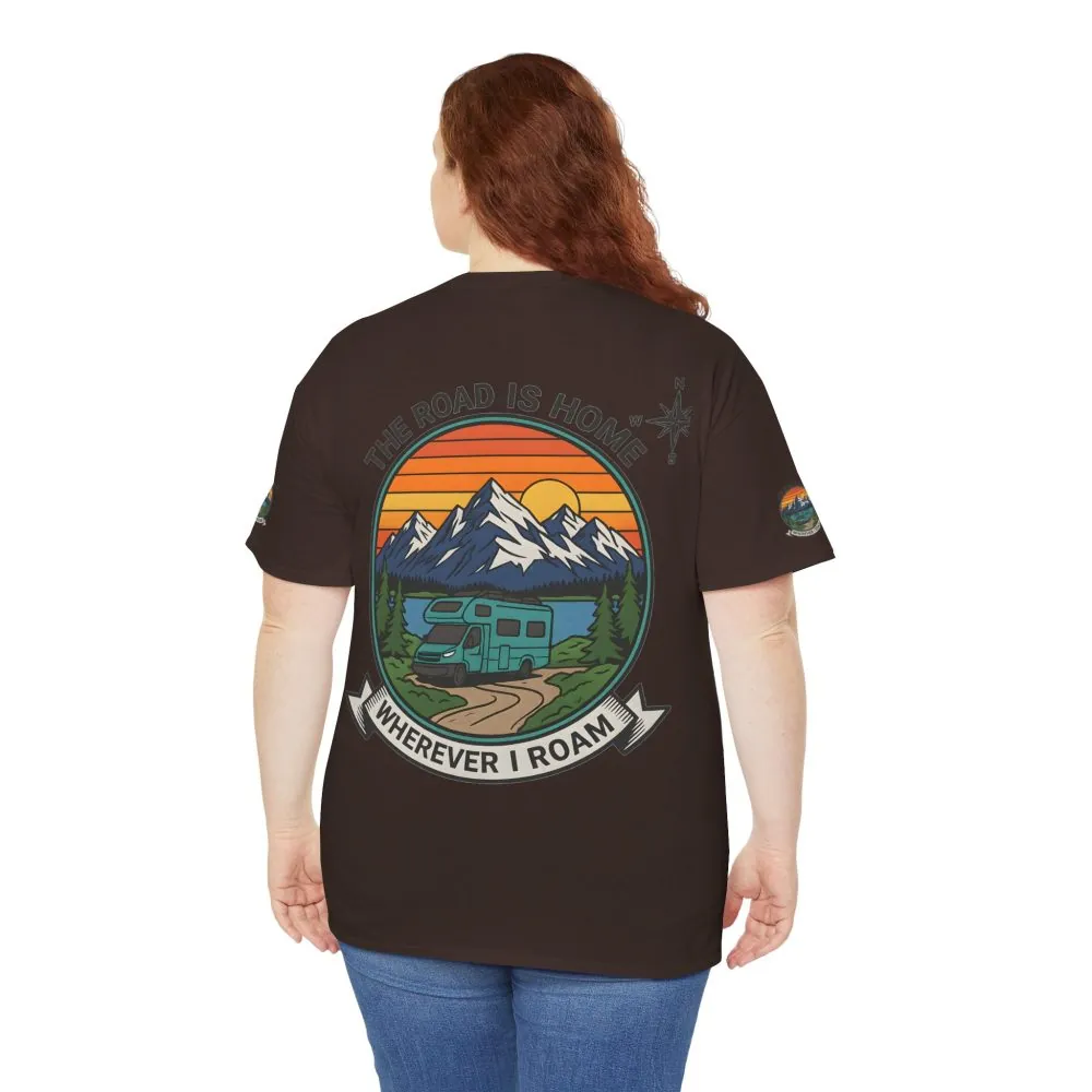 Unisex Heavy Cotton Tee  — 'The Road Is Home, Wherever I Roam' Retro Camper Tee