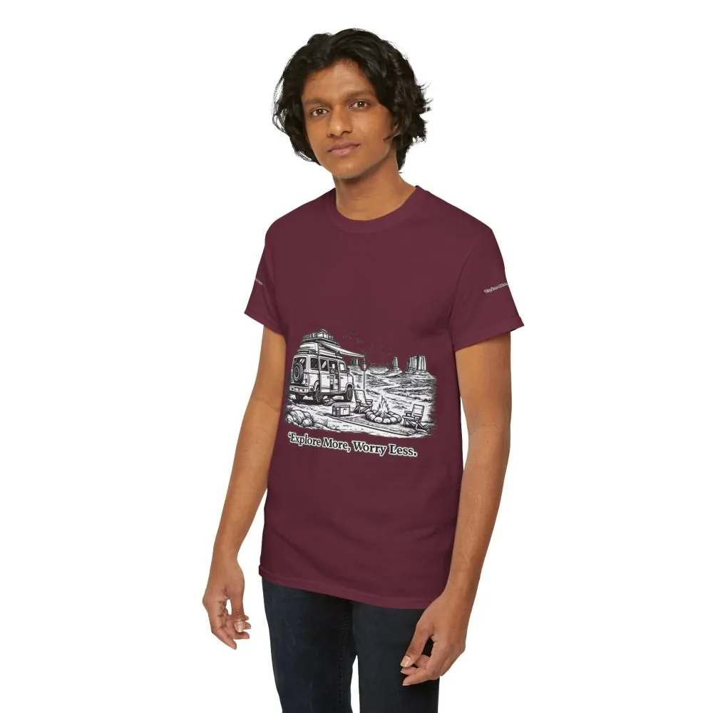 Unisex Heavy Cotton Tee — "Explore More Worry Less" Design Minimal-Line