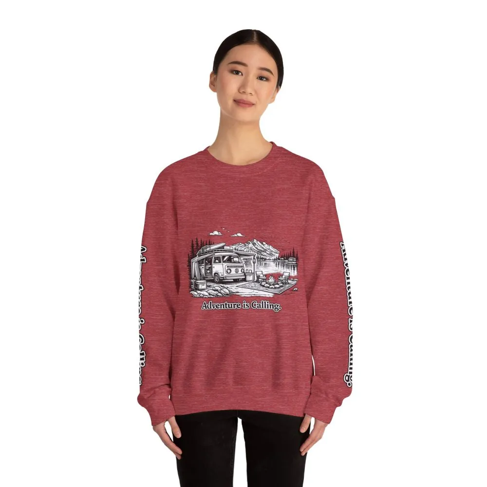 Unisex Heavy Blend™ Crewneck Sweatshirt — "Adventure Is Calling" Design Minimal-Line