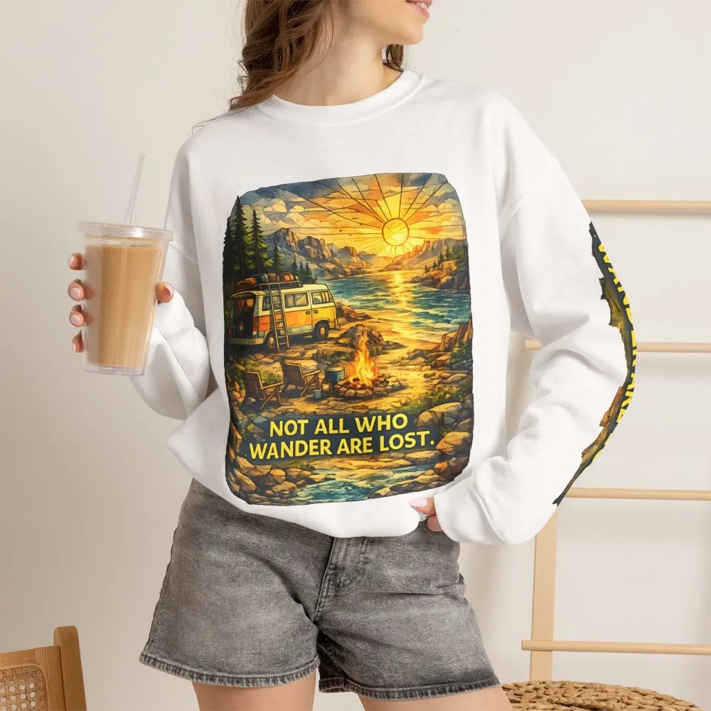 Unisex Heavy Blend™ Crewneck Sweatshirt — "Not All Who Wander Are Lost" Design Cubic-Line