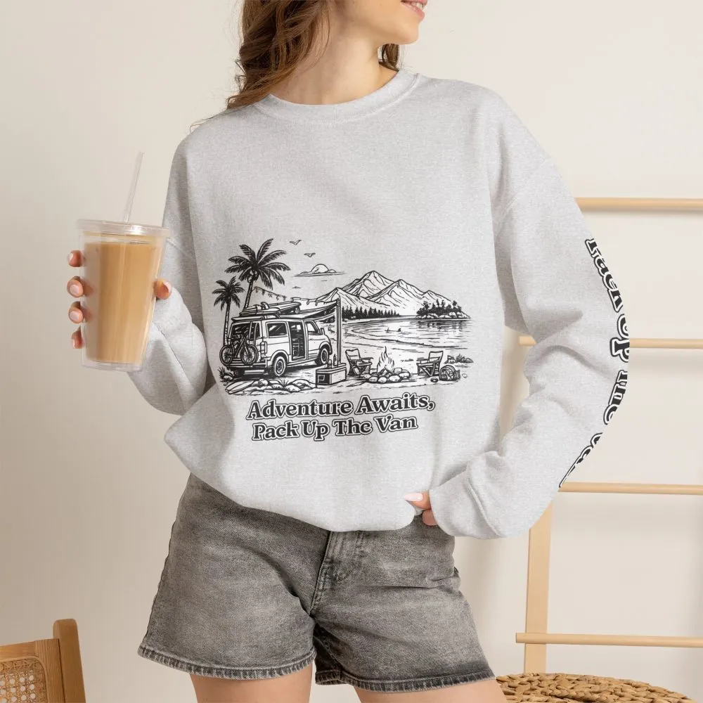 Unisex Heavy Blend™ Crewneck Sweatshirt — "Adventure Awaits,Pack Up The Van" Design Minimal-Line