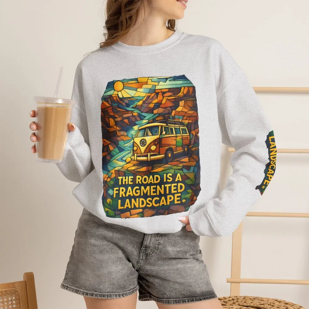 Unisex Heavy Blend™ Crewneck Sweatshirt — "The Road Is A Fragmented Landscape" Design Cubic-Line
