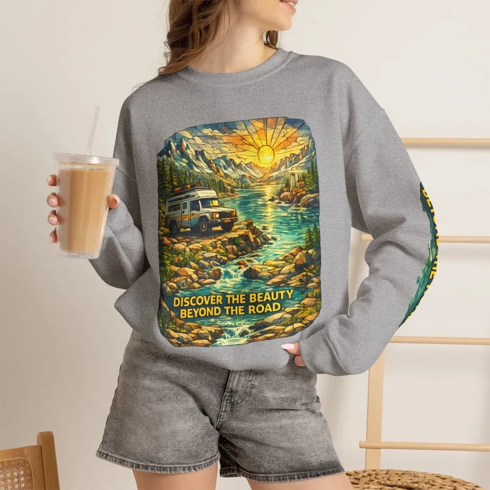 Unisex Heavy Blend™ Crewneck Sweatshirt — "Discover The Bieuty Beyond The Road" Design Cubic-Line