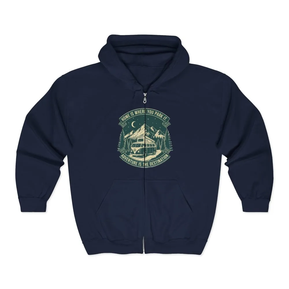 6490959665449249613_2048.jpeg Zip Hoodie — "Home Is Where You Park It-Adventure is the destination"(Front + Back Printed) Camper Van Adventure Zip-Up