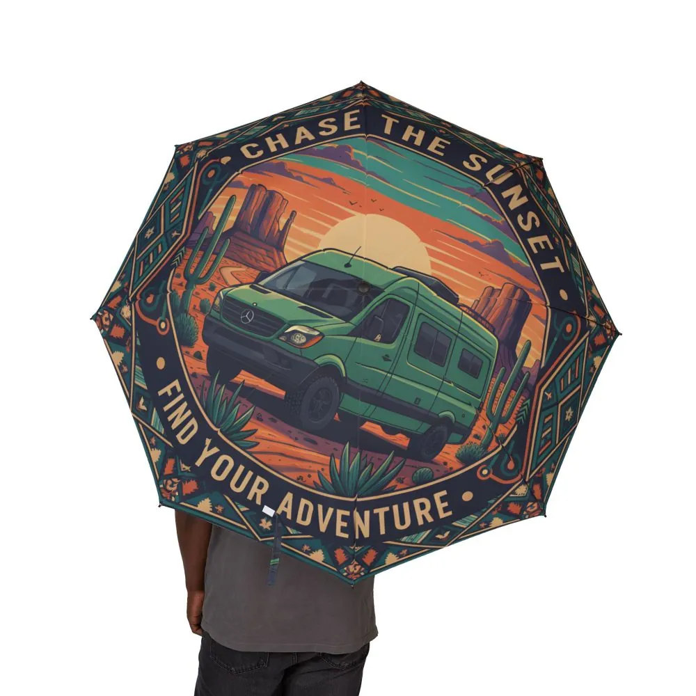 Semi-Automatic Foldable Umbrella — "Chase The Sunset-Find Your Adventure" Vintage Adventure Print