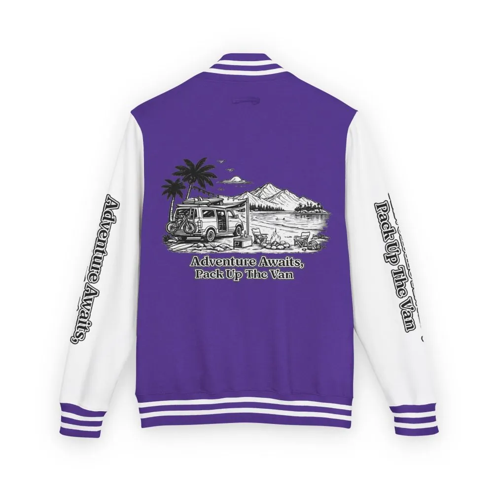 Unisex Heavyweight Letterman Jacket — "Adventure Awaits,Pack Up The Van" Travel Varsity Coat