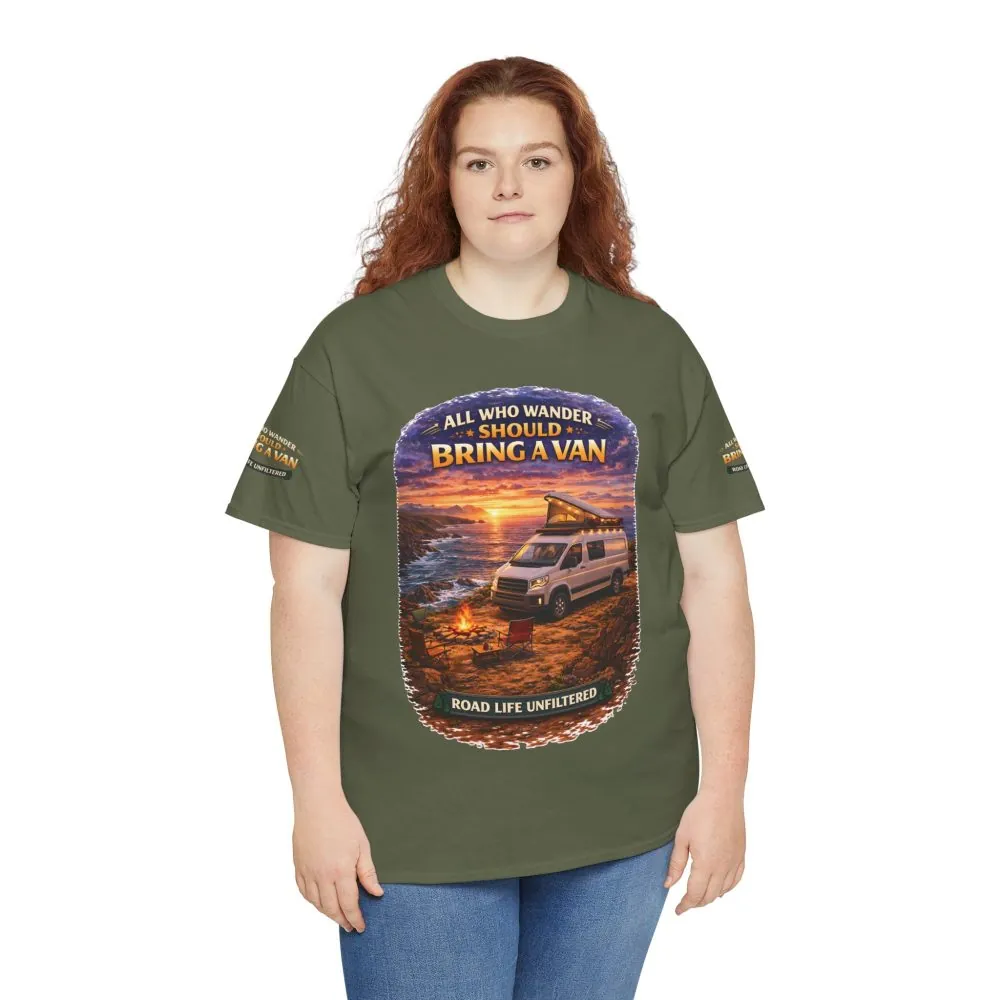 Unisex Heavy Cotton Tee — "All Who wander Should Bring A Van" Design Scenic-Line
