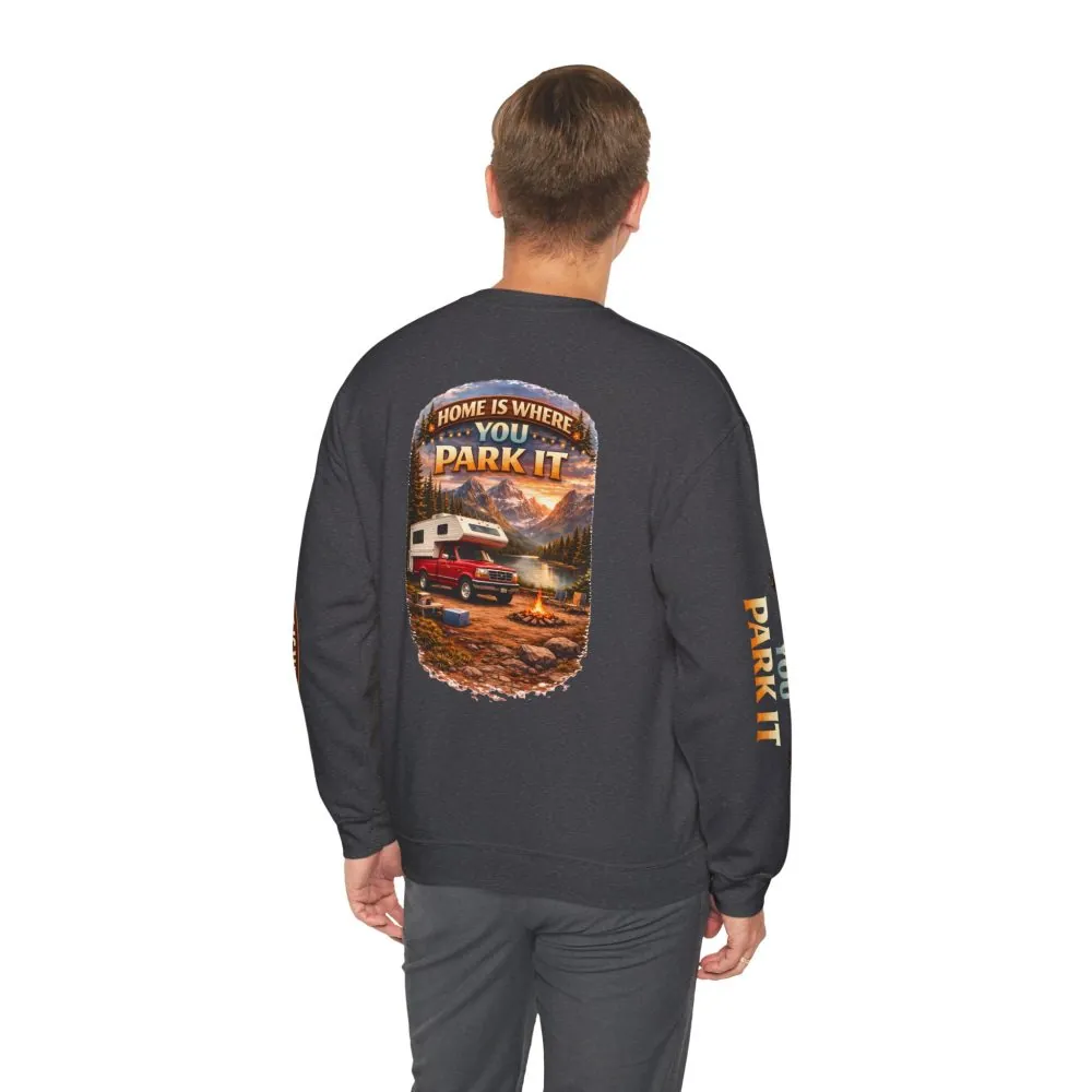 Unisex Heavy Blend™ Crewneck Sweatshirt — "Home Is Where You Park It" Design Scenic-Line