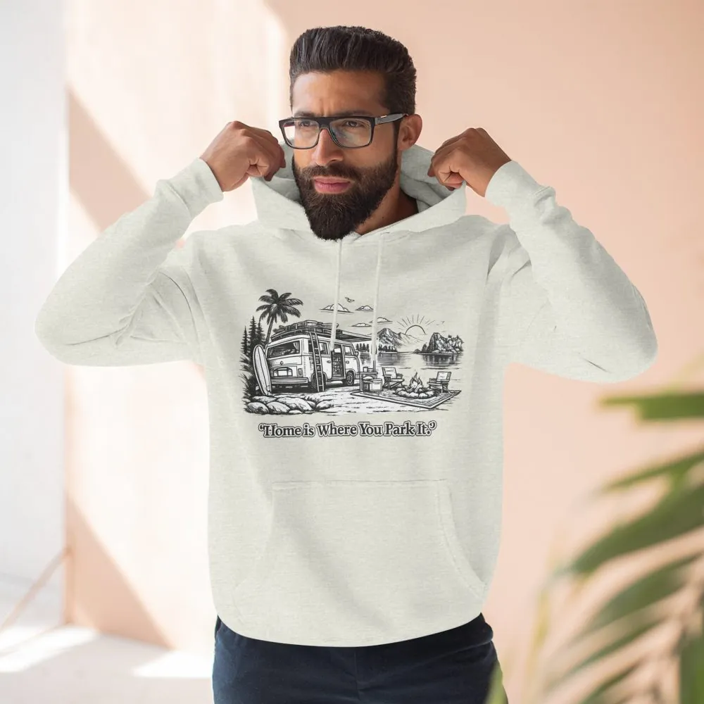 Three-Panel Fleece Hoodie - "Home Is Where You Park It" Design Minimal-Line