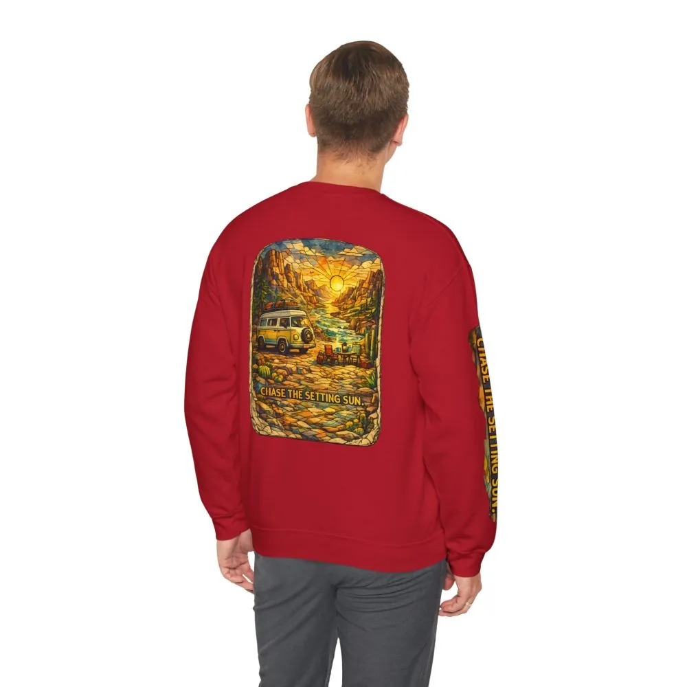 Unisex Heavy Blend™ Crewneck Sweatshirt — "Chase The Settings Sun" Design Cubic-Line