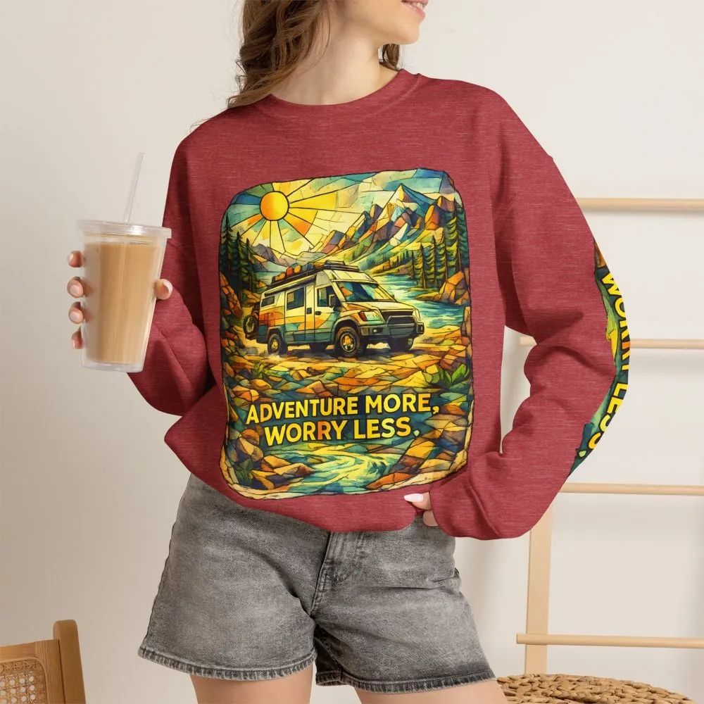 Unisex Heavy Blend™ Crewneck Sweatshirt — "Adventure More Worry Less" Design Cubic-Line