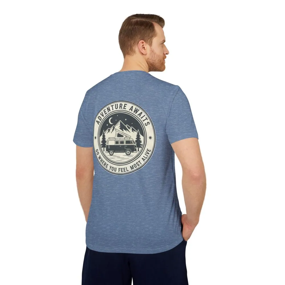 T-Shirt(Adidas) - 'Adventure Awaits-Go Where You Feel Most Alive' (Front + back printed)