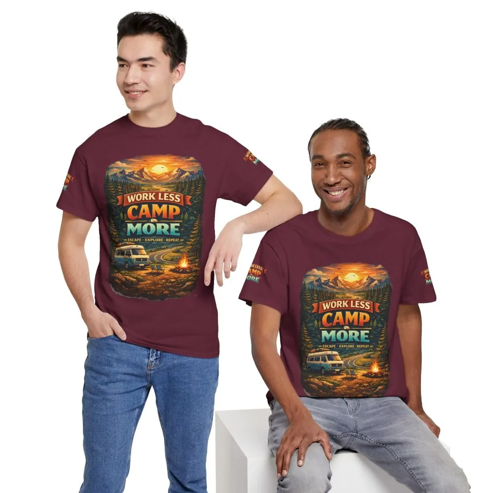 Unisex Heavy Cotton Tee — "Work Less Camp More" Design Scenic-Line