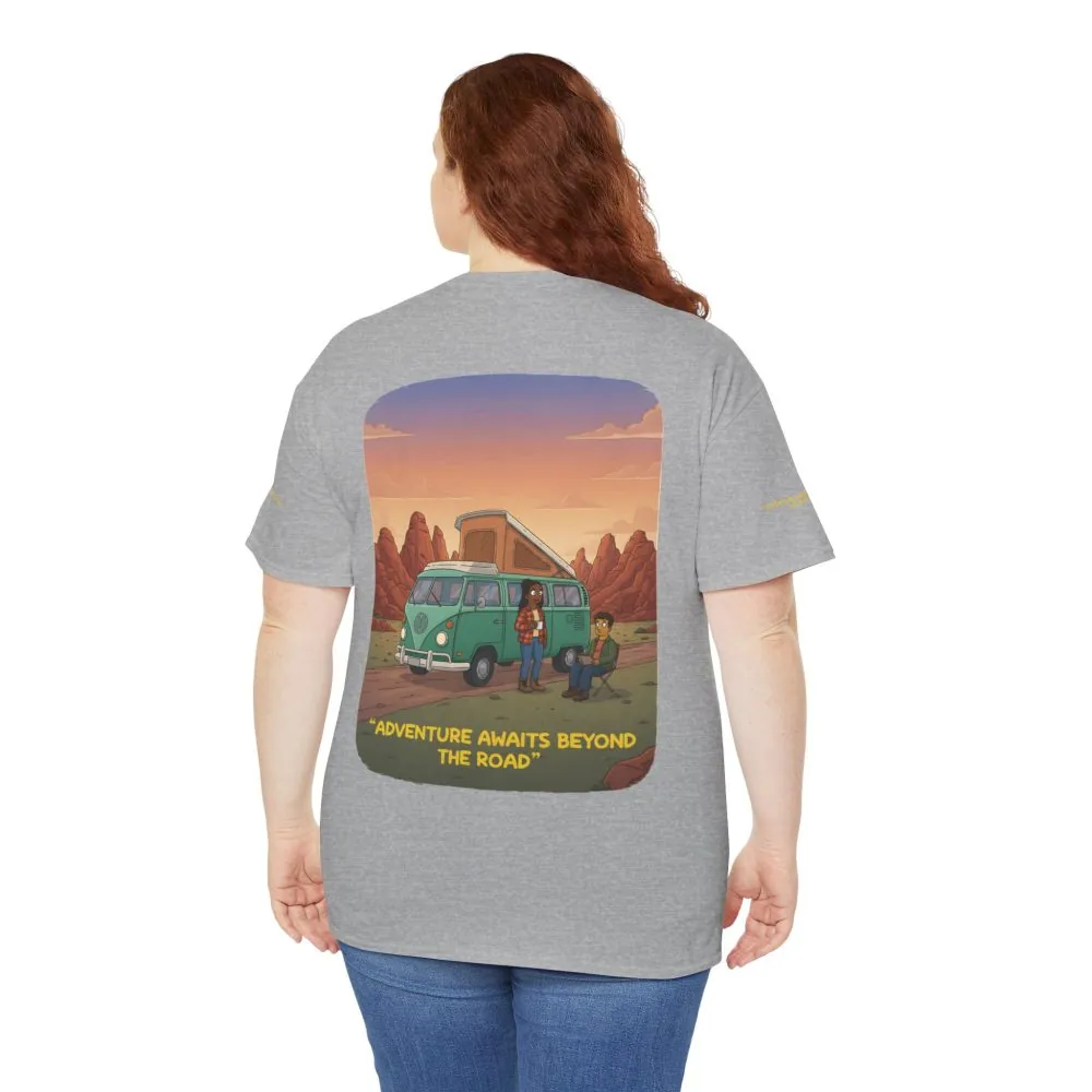 Unisex Heavy Cotton Tee — "Adventure Awaits Beyond The Road" Design Sitcom-Line