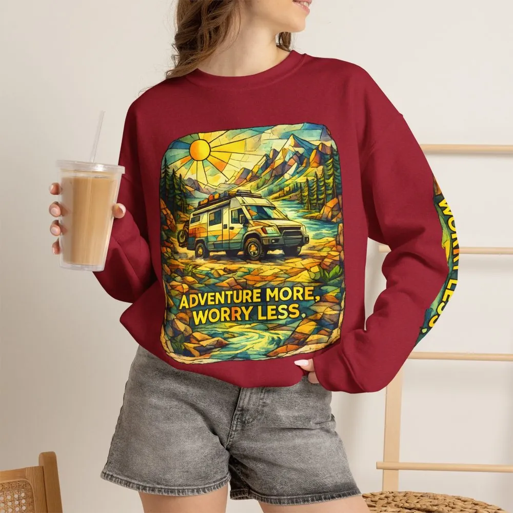 Unisex Heavy Blend™ Crewneck Sweatshirt — "Adventure More Worry Less" Design Cubic-Line