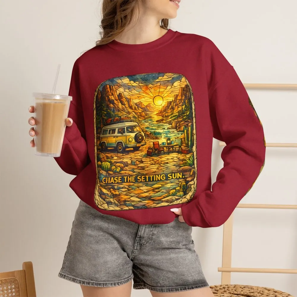 Unisex Heavy Blend™ Crewneck Sweatshirt — "Chase The Settings Sun" Design Cubic-Line