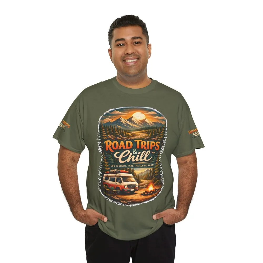 Unisex Heavy Cotton Tee — "Road Trips & Chill" Design Scenic-Line
