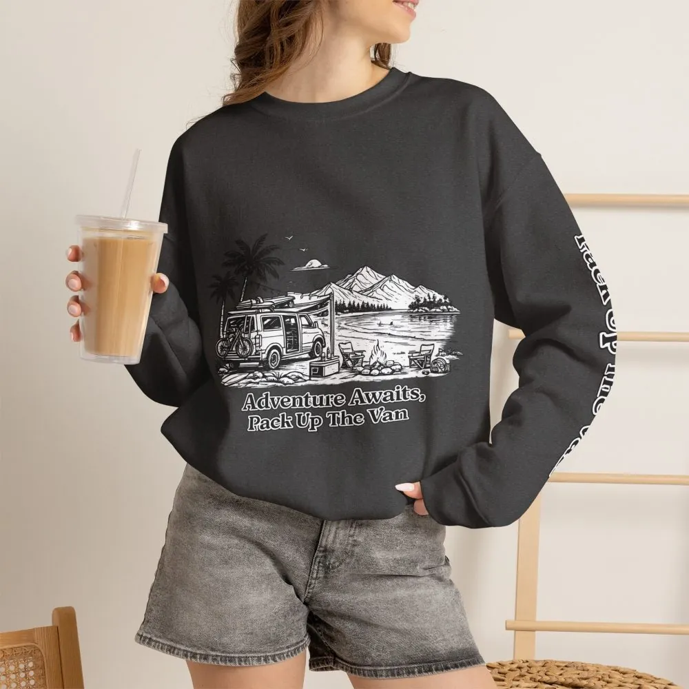 Unisex Heavy Blend™ Crewneck Sweatshirt — "Adventure Awaits,Pack Up The Van" Design Minimal-Line