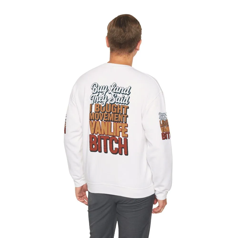 Unisex Heavy Blend™ Crewneck Sweatshirt — "Buy Land They Said" Design F**K-Line