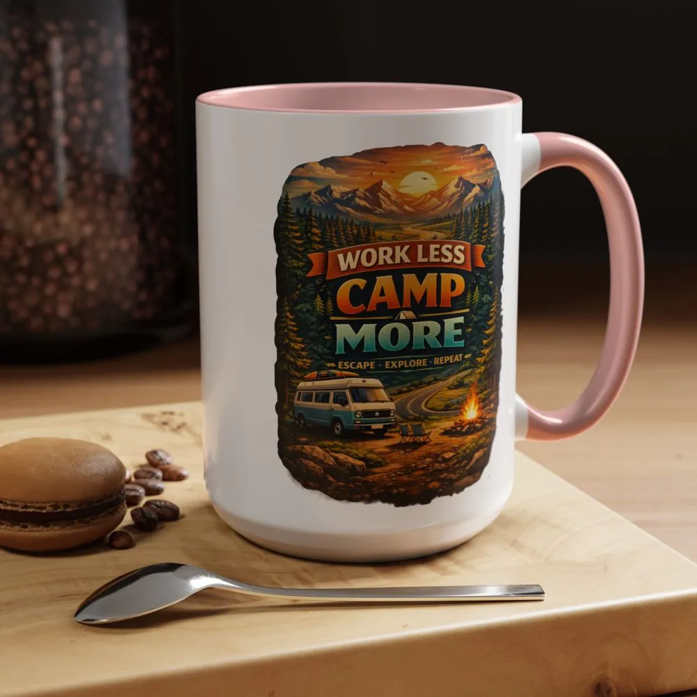 Accent Coffee Mug (11, 15oz) — "Work Less-Camp More" Design Scenic-Line