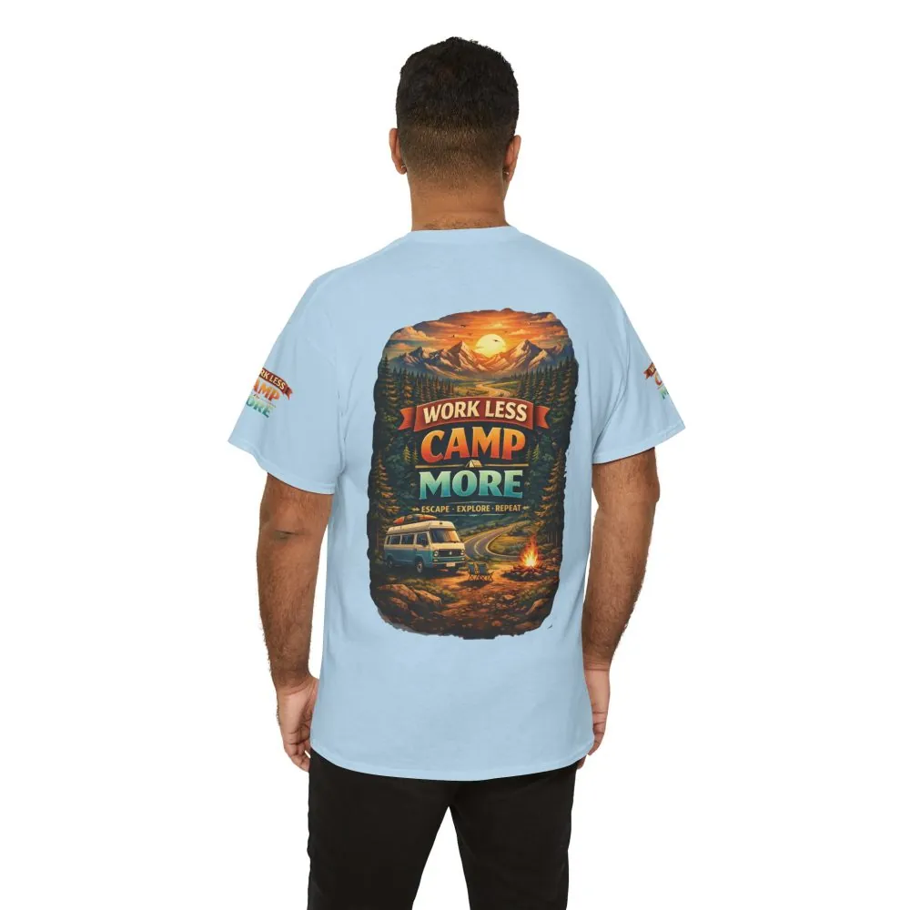 Unisex Heavy Cotton Tee — "Work Less Camp More" Design Scenic-Line