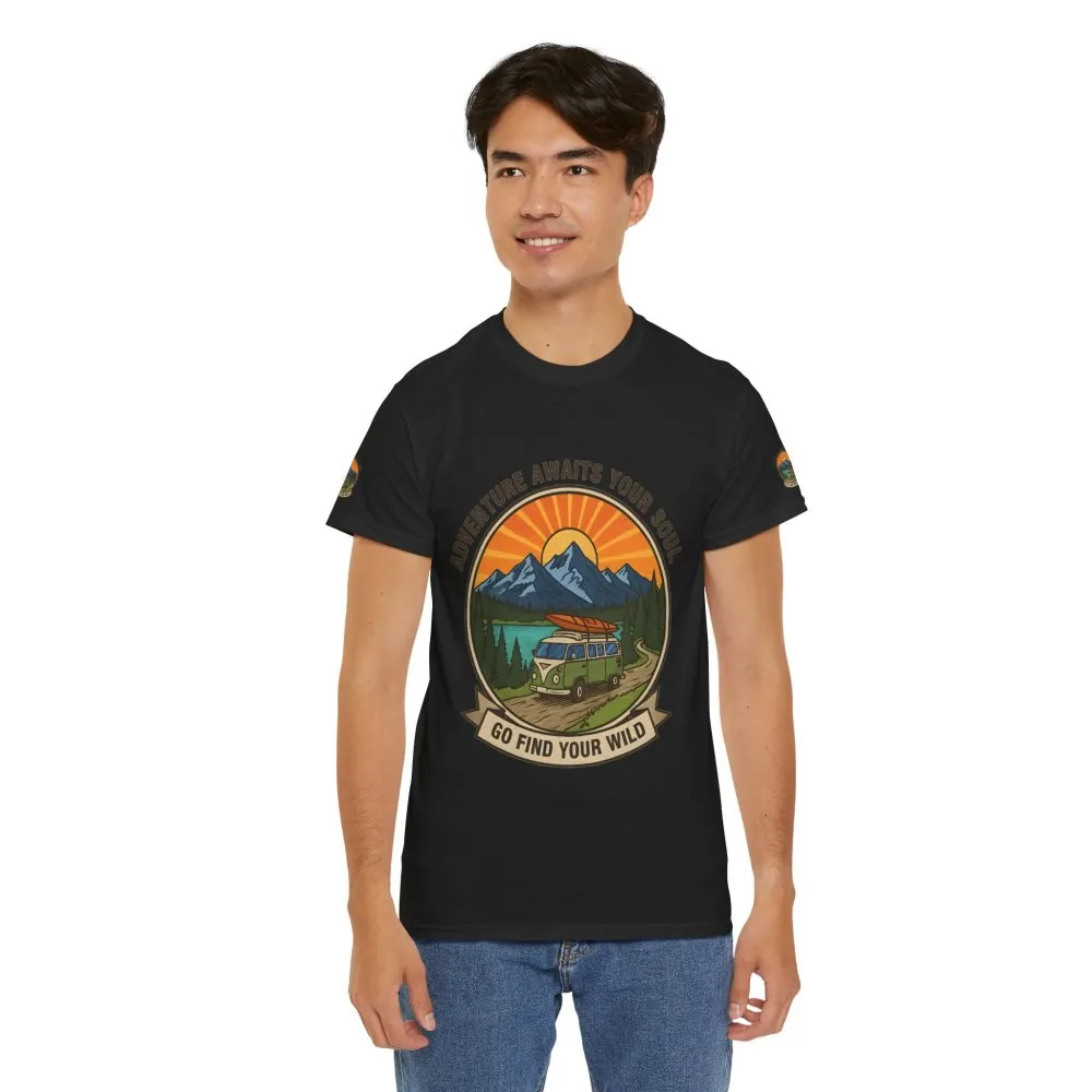 Unisex Heavy Cotton Tee — “Adventure Awaits Your Soul: Go Find Your Wild” Van & Mountain Graphic